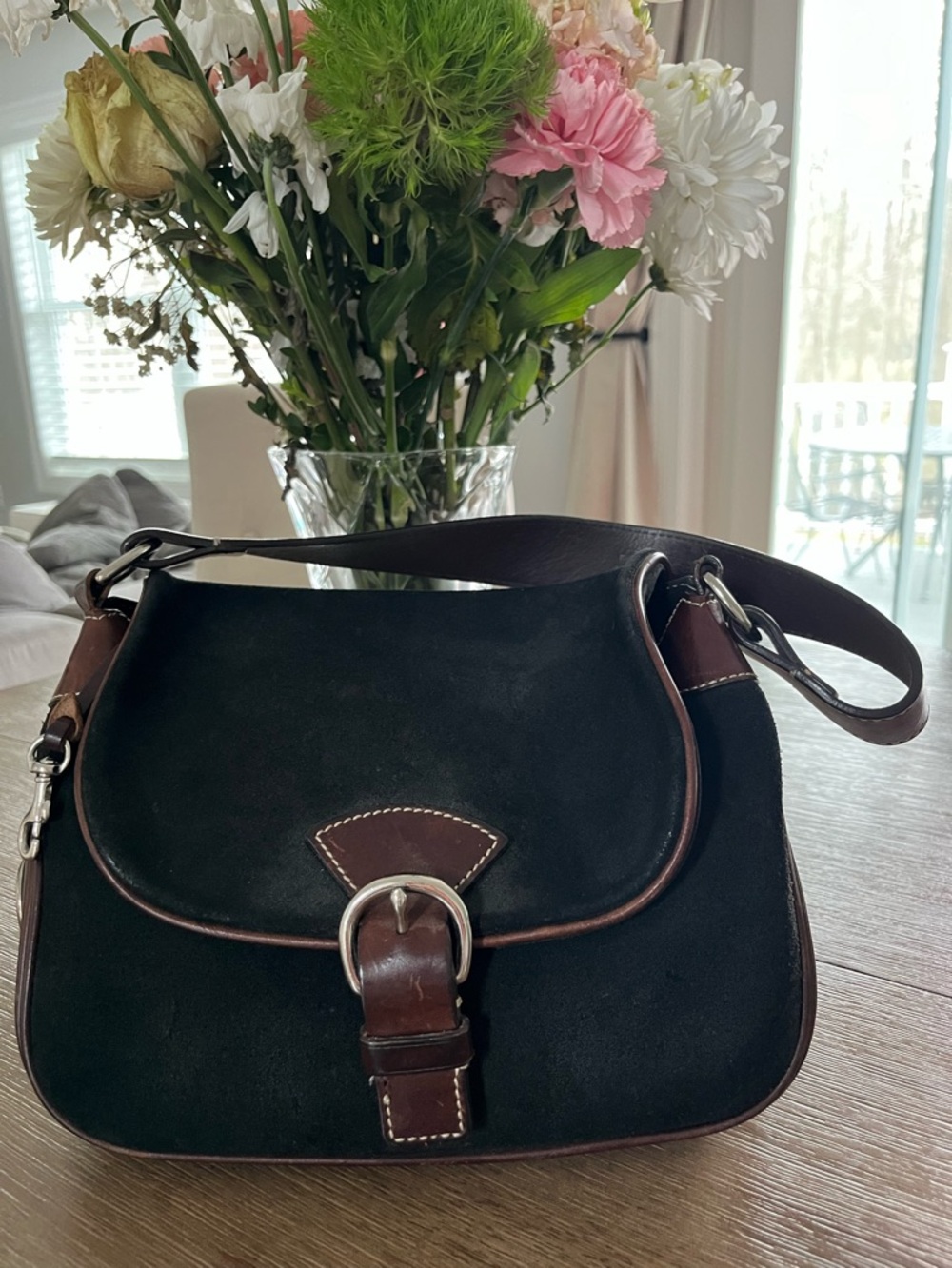Dooney & Bourke Black Suede and Brown Leather Shoulder Bag